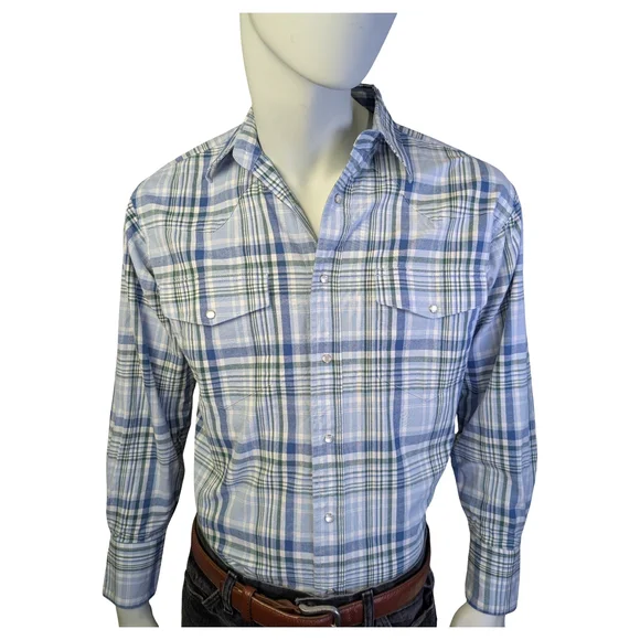 Wrangler Plaid Pearl Snap Western Shirt Blue Green Cowboy Ranchwear | Size Large - Picture 2 of 7